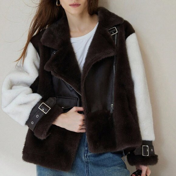 Brown Casual Women's Lapel Zipper Faux Fur colorblock Jacket - Picture 1 of 6